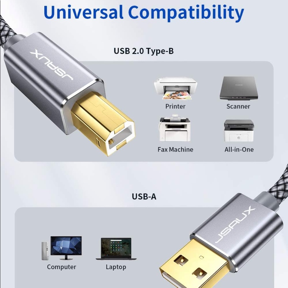 Printer Cable,JSAUX6.6FT USB Printer Cord 2.0Type A to B Male Cable Scanner Cord